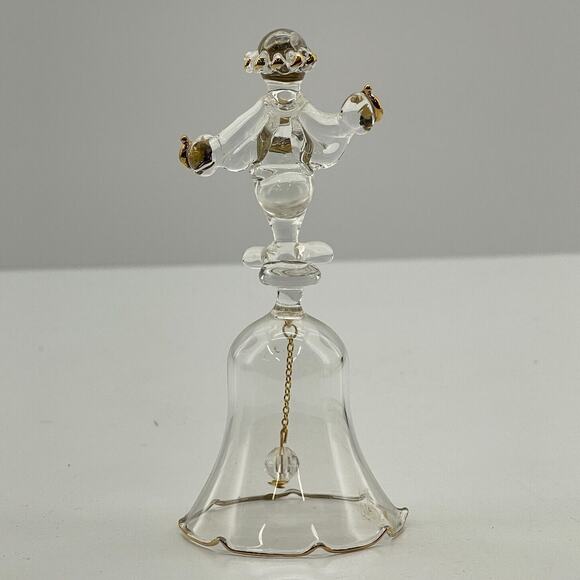 Clear Glass Lead Crystal Dinner Bell w/ Clown on Top Gold Accent 5 inch Tall - Picture 3 of 10
